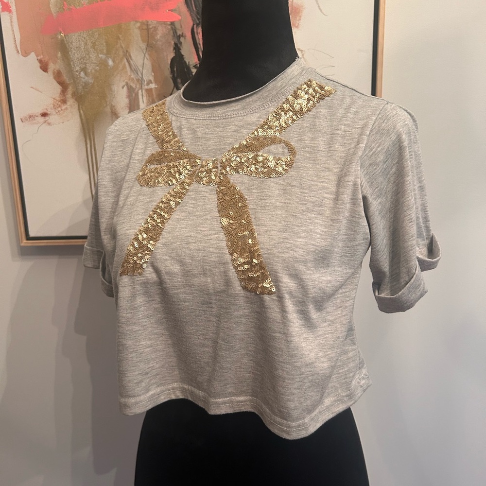 Joyfolie Gray Crop Top with Gold Sequin Bow